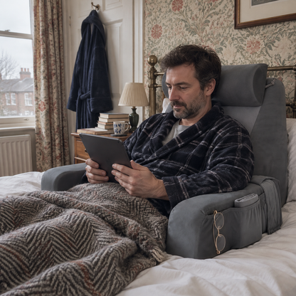 Man sitting up in bed on the memory foam bed rest pillow in a Victorian bedroom