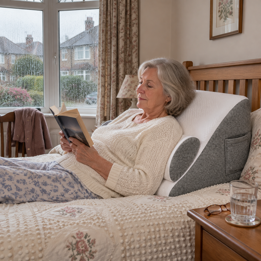 Woman reclining on the 6-in-1 bed wedge pillow in a 1930s bedroom