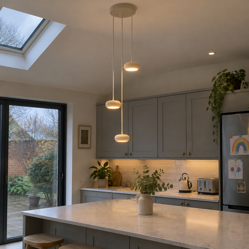 Beige three-light pendant over a kitchen island