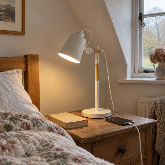 Scandinavian night lamp on a bedside table in a cottage bedroom