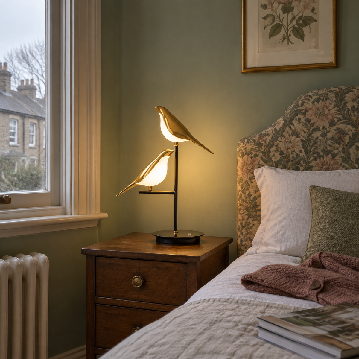 Gold bird wall lamp in an Edwardian bedroom