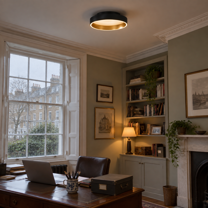 Black and gold LED ceiling light in a Georgian study