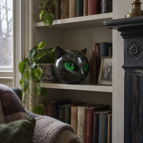 Black cat head sculpture on a bookshelf in a Victorian sitting room