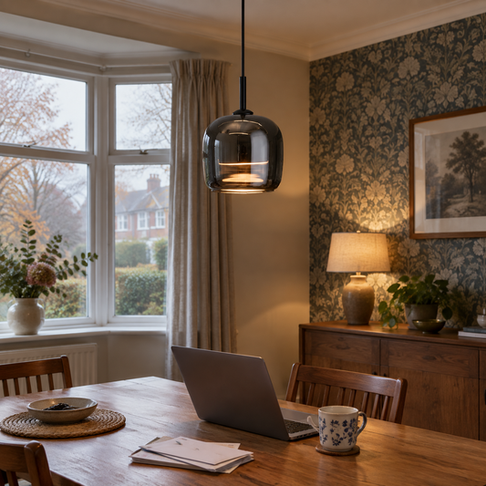 Black glass pendant light over a 1930s dining table