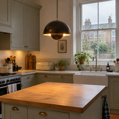 Black mid-century pendant above a Victorian terrace kitchen