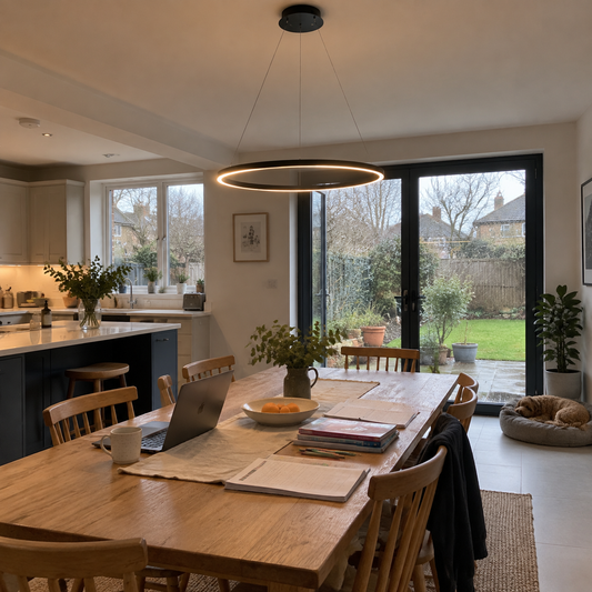 Black 80cm LED pendant over a kitchen dining table