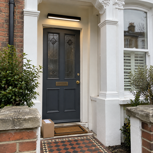 Black minimalist porch light beside an Edwardian front door