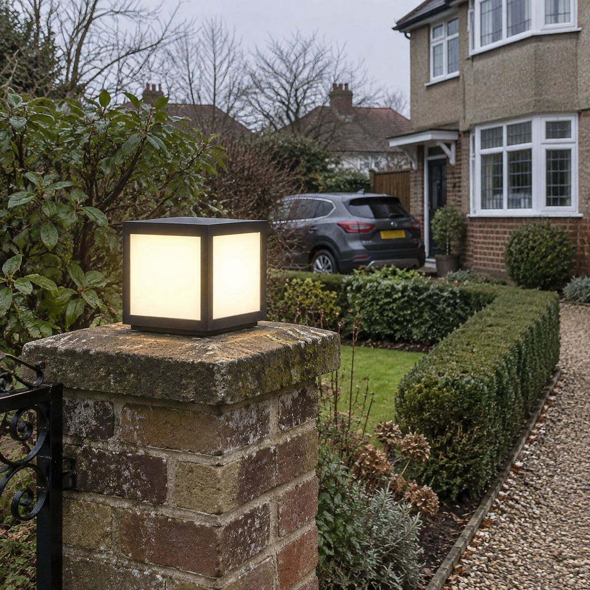 Black square pillar light beside a front garden path