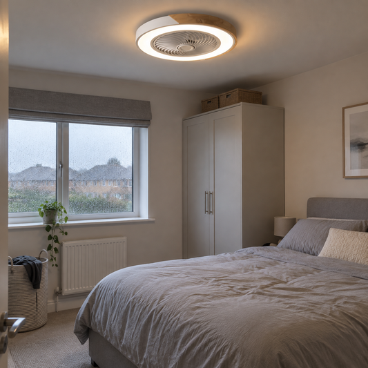Bladeless flush ceiling fan with light in a bedroom