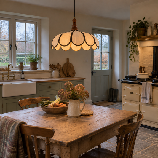Boho wooden pendant over a cottage kitchen table
