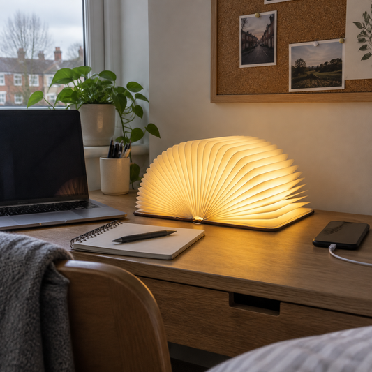 Foldable book lamp open on a bedroom desk