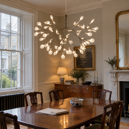 Geometric branch chandelier over a Georgian dining table