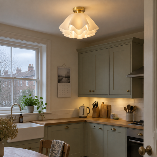 Minimalist brass ceiling light in a Victorian kitchen