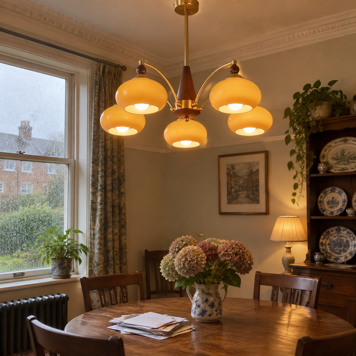 Retro brass and glass chandelier in an Edwardian dining room