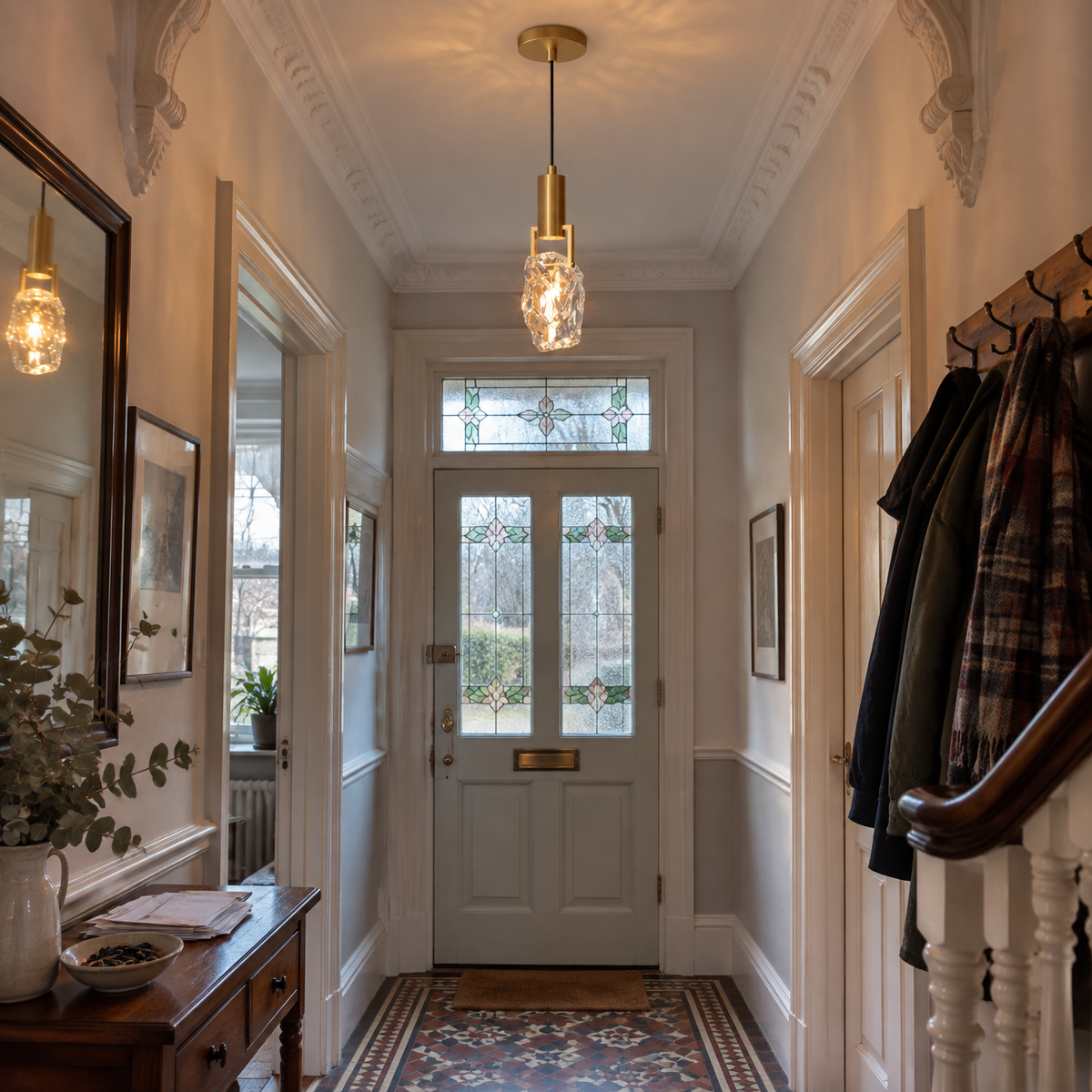 Brass and glass pendant in an Edwardian entrance hall