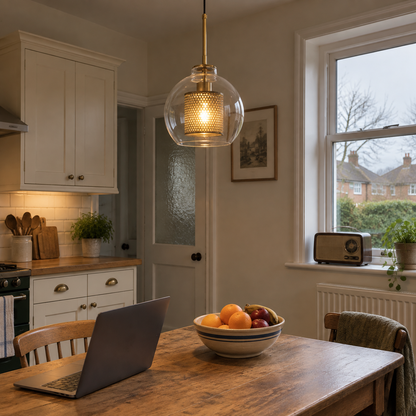 Brass Bauhaus glass pendant in a 1930s kitchen-diner