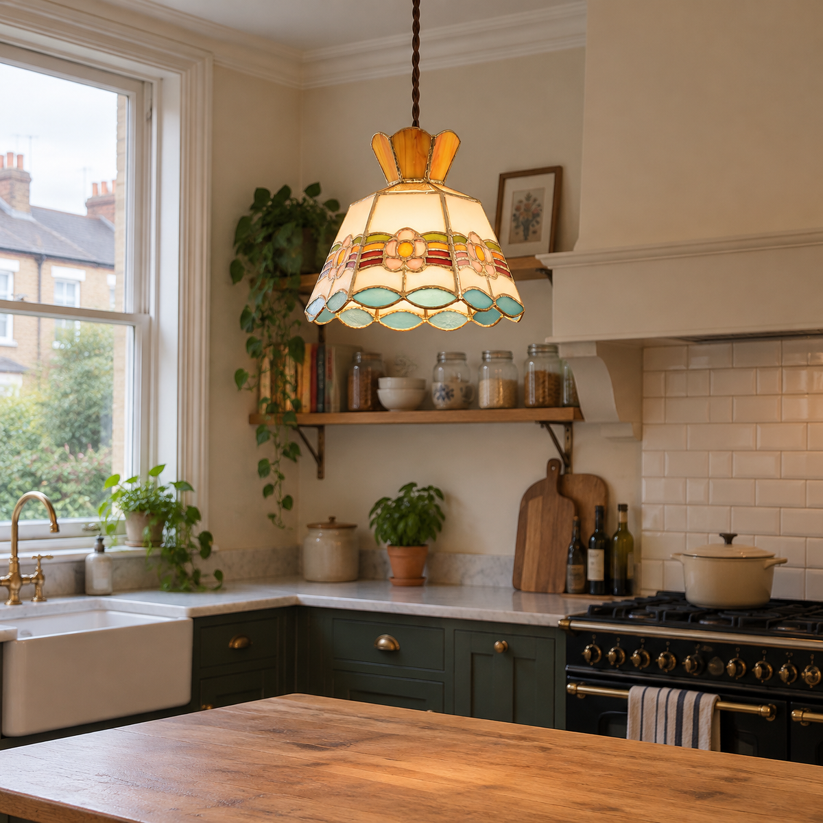 Retro brass and glass pendant in a Victorian terrace kitchen