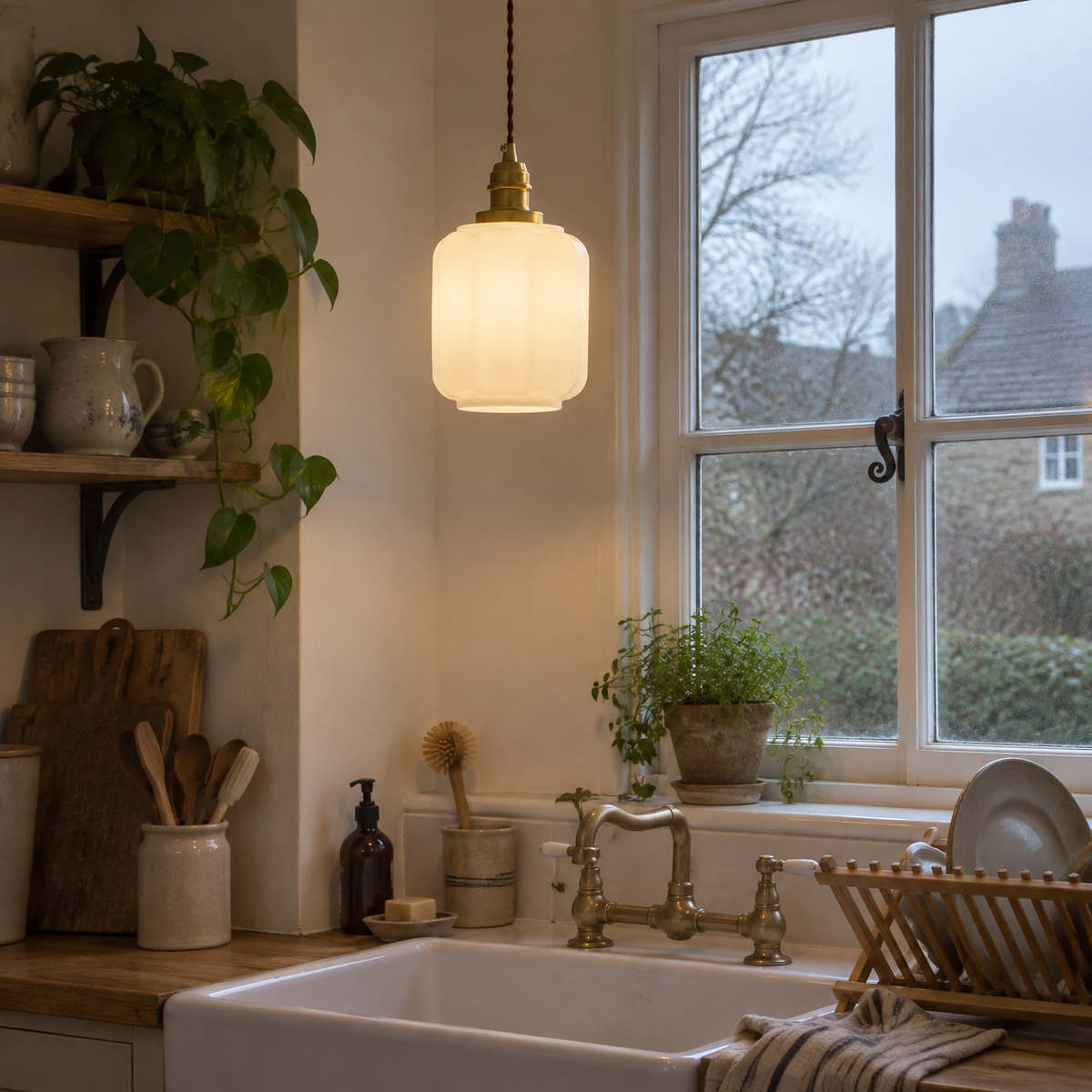Vintage brass and glass pendant over a cottage kitchen sink
