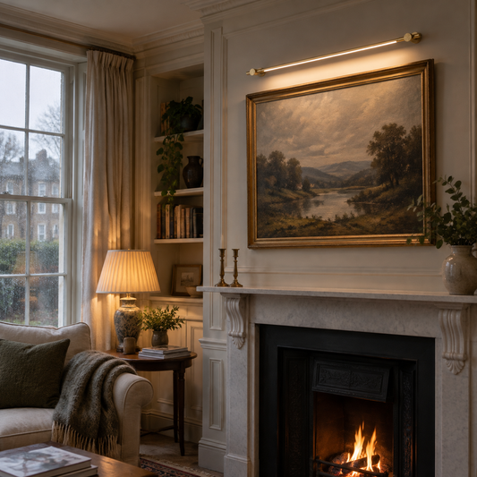 Brass picture light above a painting in a Georgian sitting room