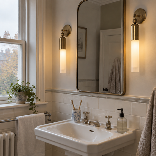 Art Deco brass wall lamp beside an Edwardian bathroom mirror