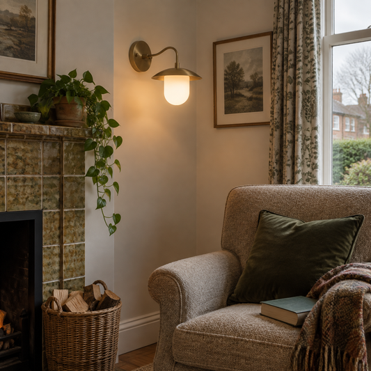 Mid-century brass wall sconce in a 1930s sitting room