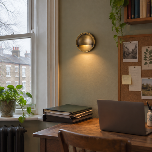 Industrial brass wall lamp above a desk in a Victorian study