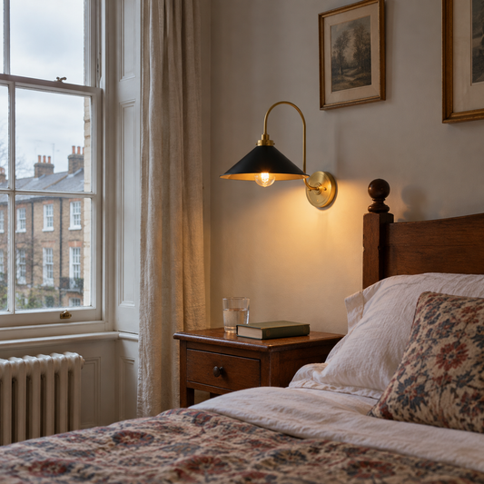 Classic brass wall sconce beside a bed in a Georgian bedroom