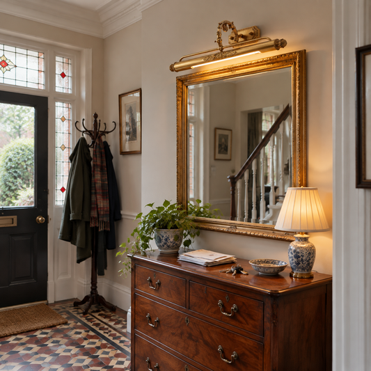 Brass picture light over a hallway mirror