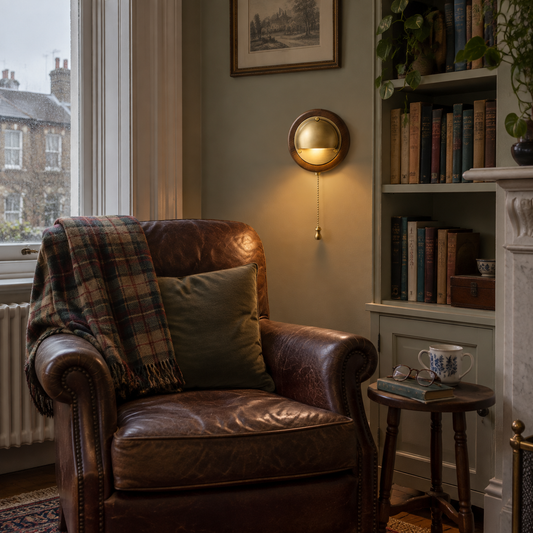 Brass and wood reading wall light beside an armchair