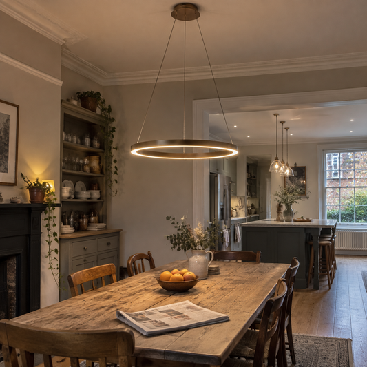 Bronze 80cm LED pendant over an Edwardian dining table