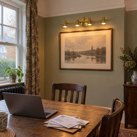 Classic brass picture light in a 1930s dining room