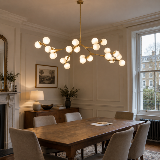 Frosted glass bubble chandelier over a Georgian dining table
