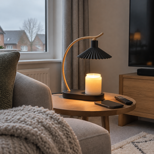 Nordic candle warmer lamp on a living room side table