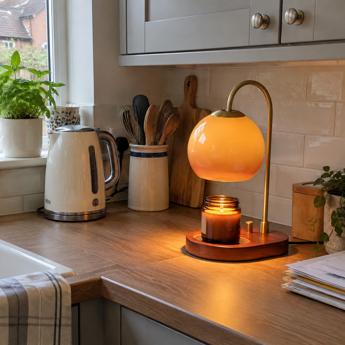 Adjustable candle warmer lamp on a kitchen worktop