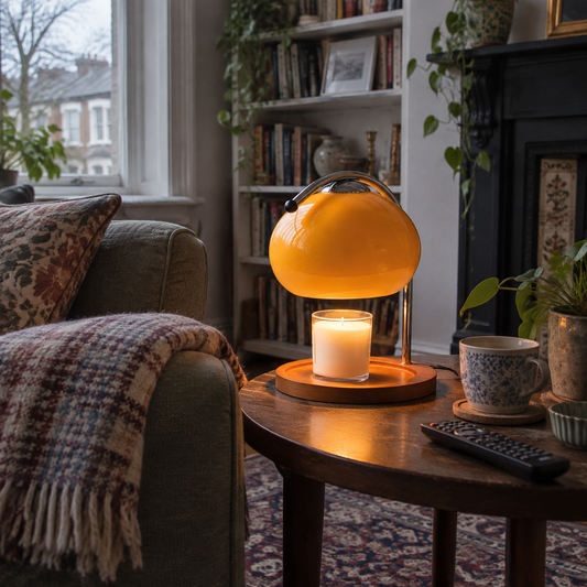 Wood and glass candle warmer lamp on a side table in a sitting room