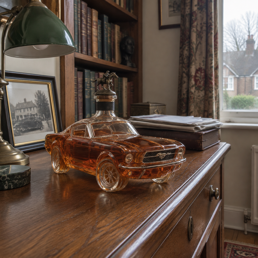 Car shaped glass whisky decanter on a sideboard in a study