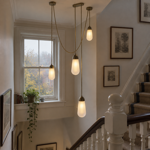 Cascade glass pendant light hanging in a stairwell