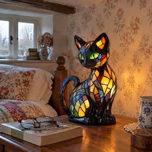 Stained glass cat table lamp on a bedside table