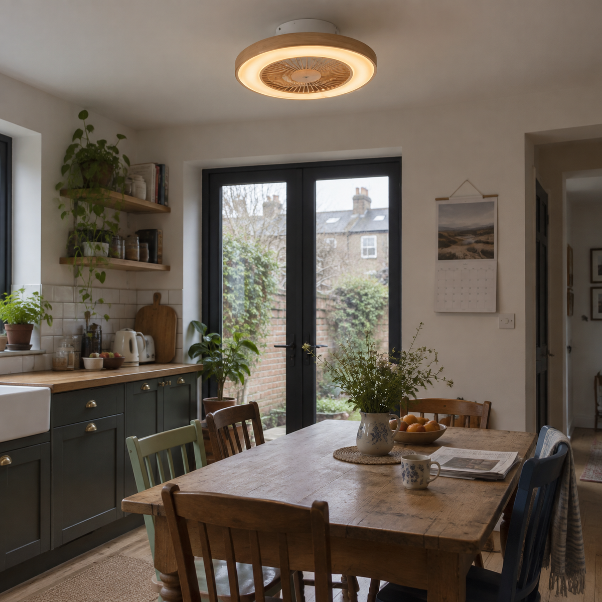Wood print ceiling fan with light in a kitchen diner