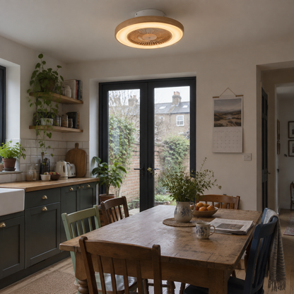 Wood print ceiling fan with light in a kitchen diner