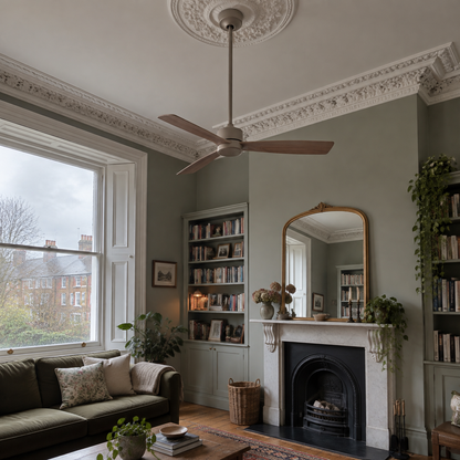 Ceiling fan hung on an extension downrod in a high-ceilinged room
