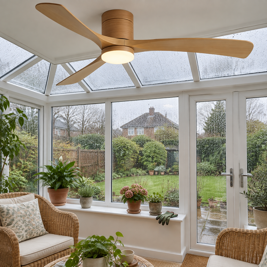 Wooden ceiling fan with light in a conservatory