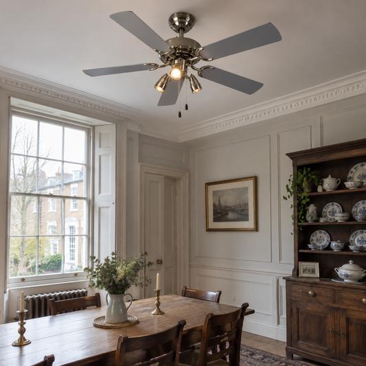 Steel ceiling fan with three lights in a dining room