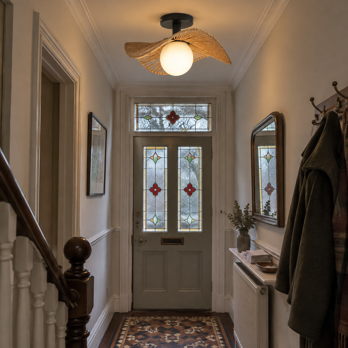 Modern ceiling lamp in a Victorian hallway
