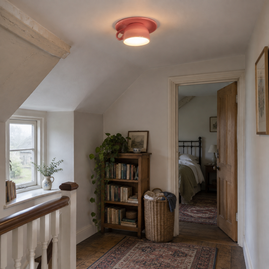 Ceramic flush mount ceiling light on a cottage landing