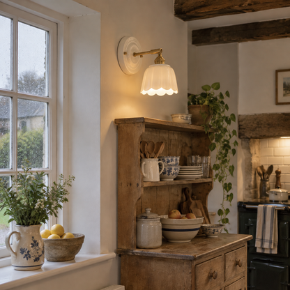 Ceramic flower wall sconce in a cottage kitchen