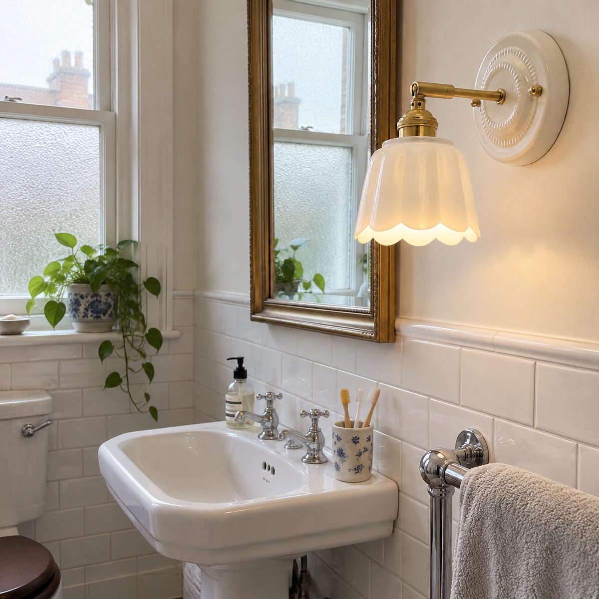 Ceramic flower wall sconce beside a bathroom mirror