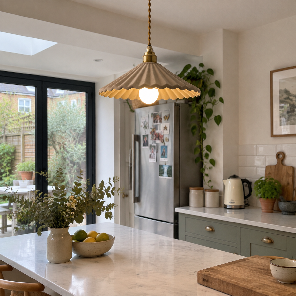Fluted ceramic pendant light over a kitchen island