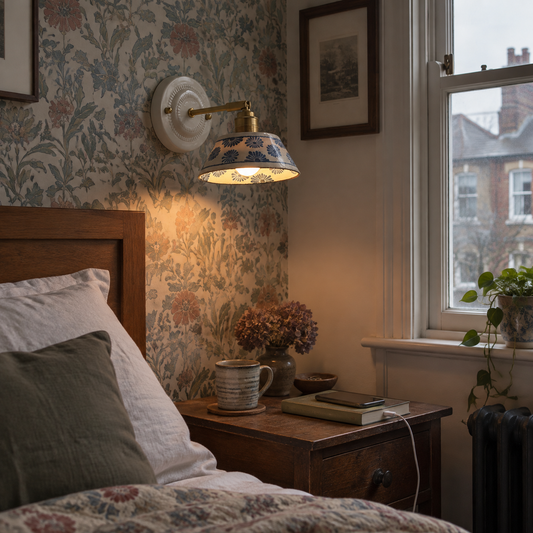 Ceramic and brass wall lamp beside a bed