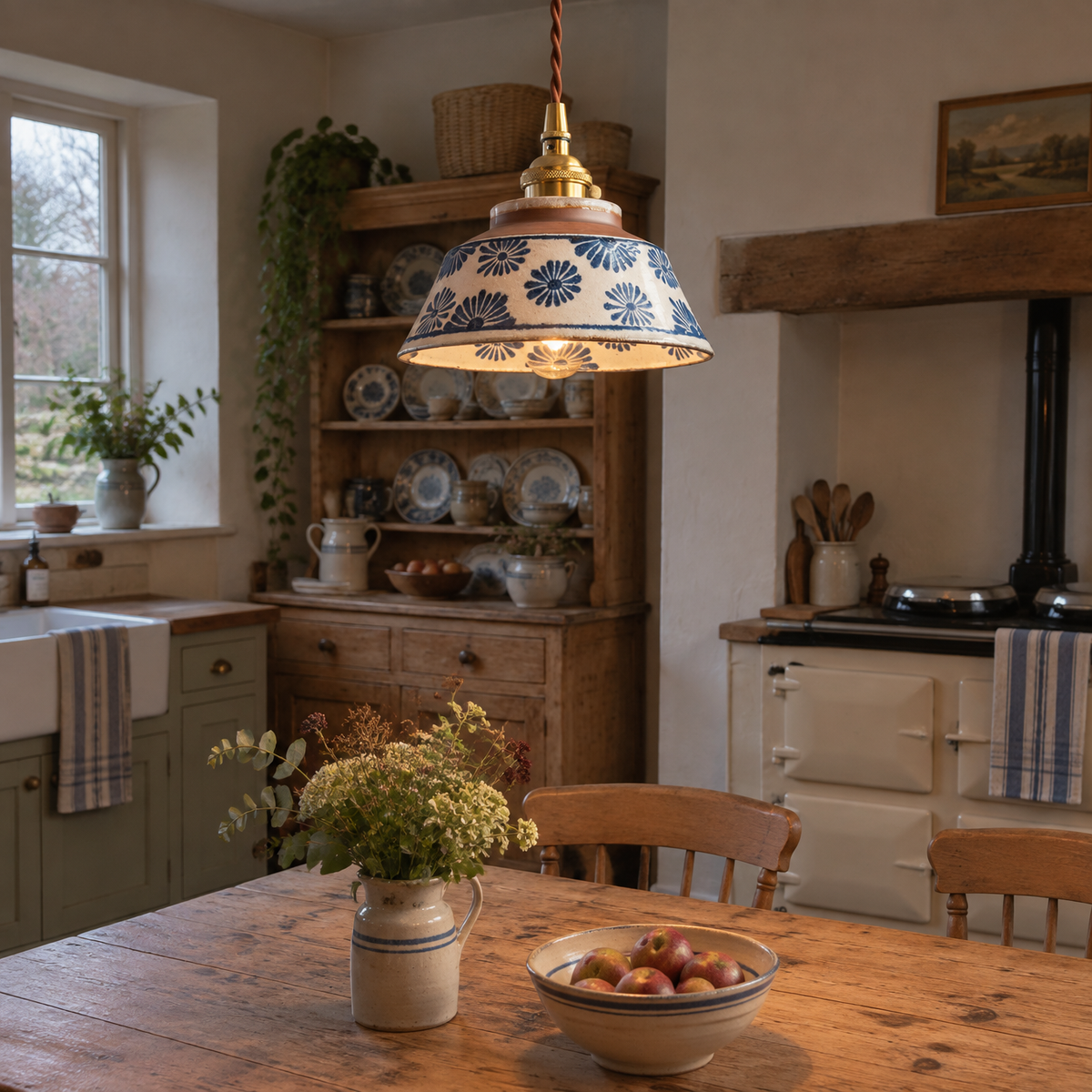 Floral ceramic pendant light over a kitchen table